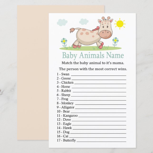 Papier Giraffe Baby Animaux Nom Jeu (Devant / Derrière)
