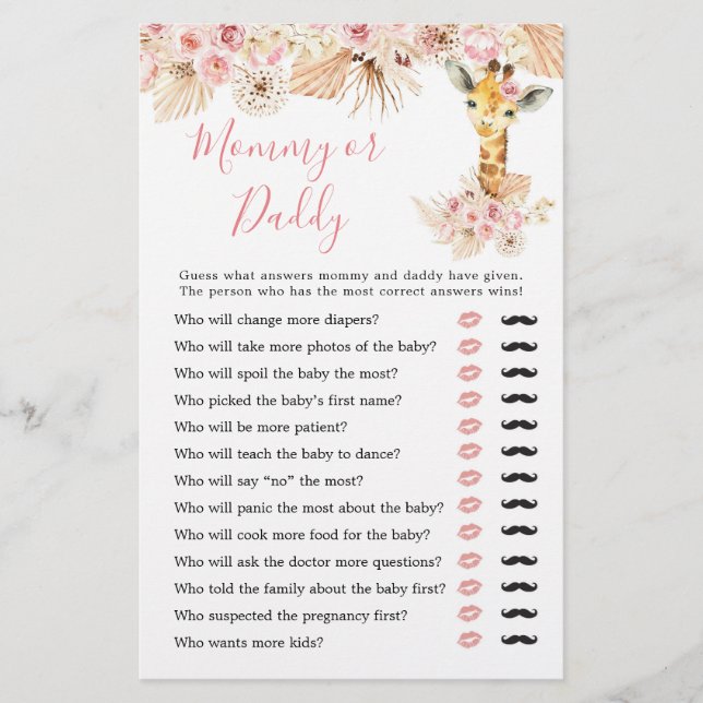 Papier Giraffe Boho rose pâle Baby shower maman ou papa (Devant)