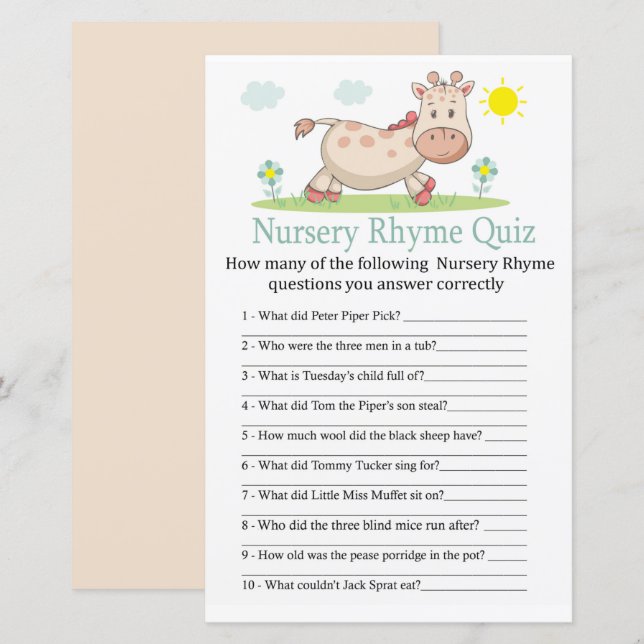 Papier Giraffy Nursery Rhyme jeu de baby shower (Devant / Derrière)