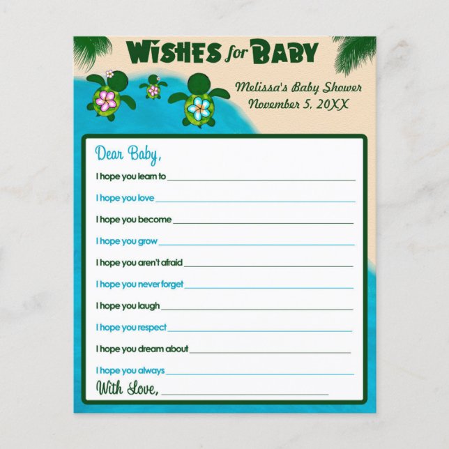 Papier Girl Honu Sea Turtle souhaite pour Baby shower ros (Devant)