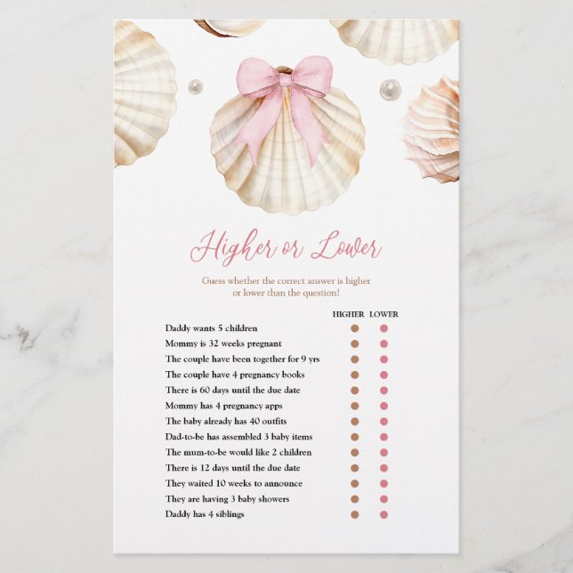 Papier Girl Pink Bow Shell Baby Shower Higher or Lower  (Devant)
