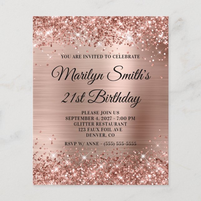Papier Glittery Rose Gold Glam 21e anniversaire Invitatio (Devant)