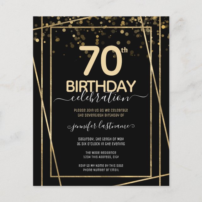 Papier Gold Black 70e Anniversaire de fête Invitation bud (Devant)