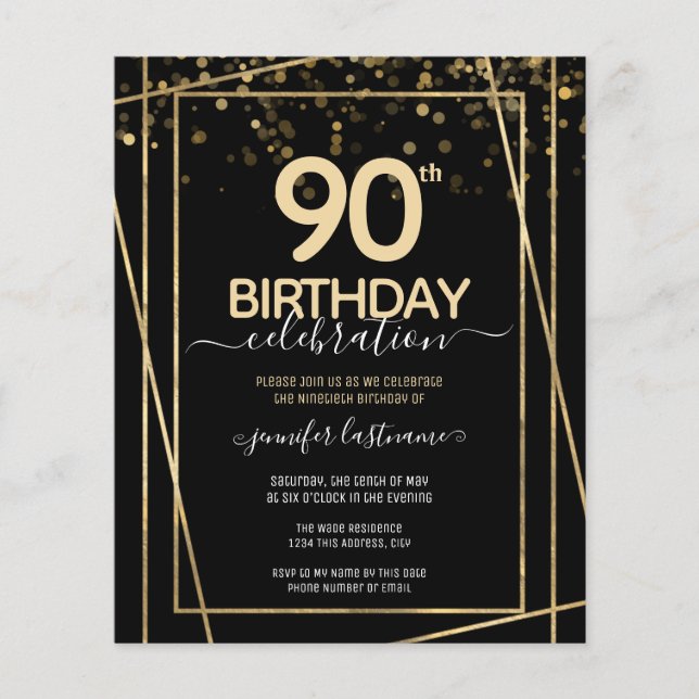 Papier Gold Black 90e Anniversaire de fête Invitation bud (Devant)