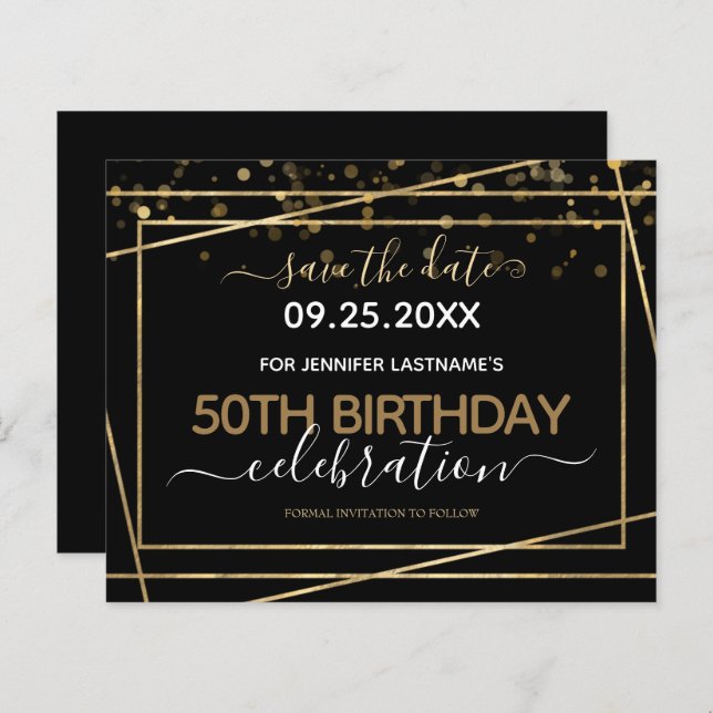 Papier Gold Border 50th Birthday Enregistrer la date Budg (Devant / Derrière)