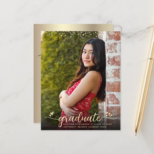 Papier Gold Budget Photo Graduation Script Coeurs Invitat (Devant/Arrière en situation)