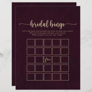 Papier Gold Burgundy Calligraphy Bride Bingo Jeu