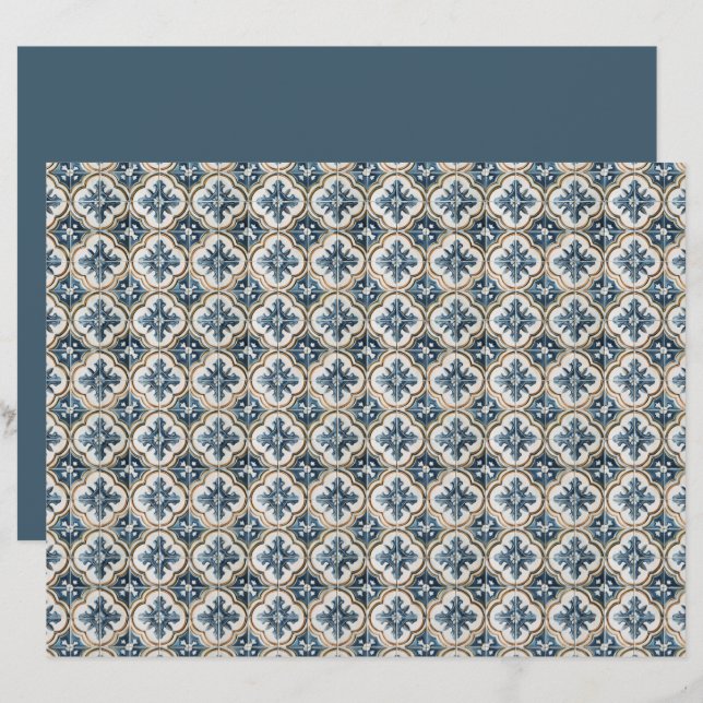 Papier Gold Clover Blue Accents Spanish Tile Pattern  (Devant / Derrière)