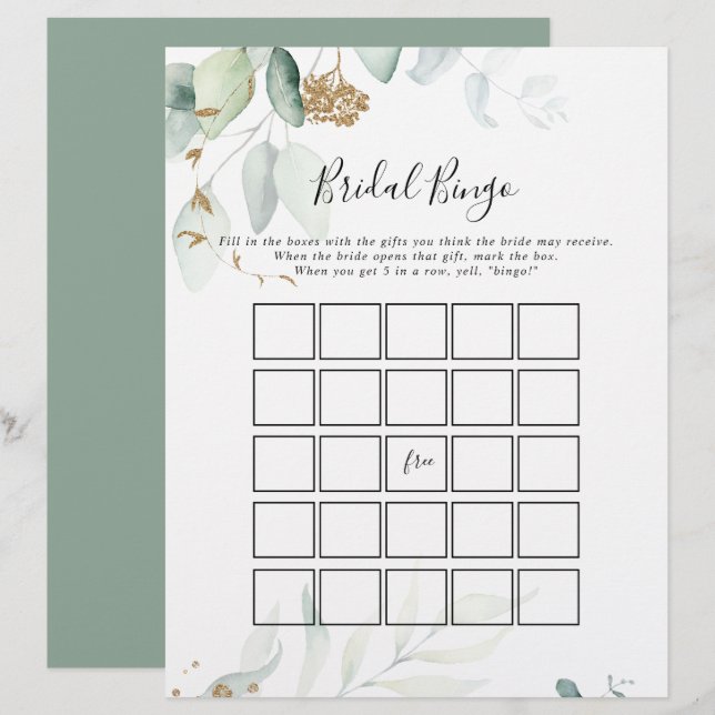 Papier Gold Eucalyptus Calligraphy Bride Bingo Jeu (Devant / Derrière)