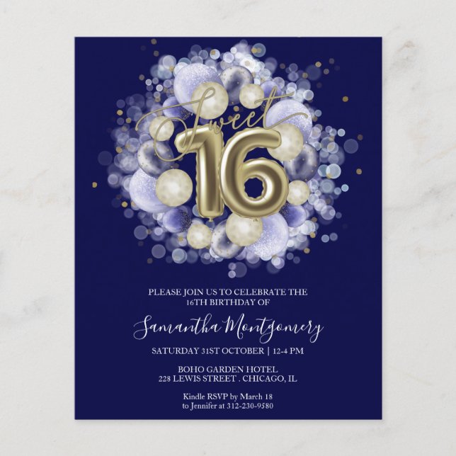 Papier Gold Foil Sweet 16 Ballons Anniversaires Invitatio (Devant)
