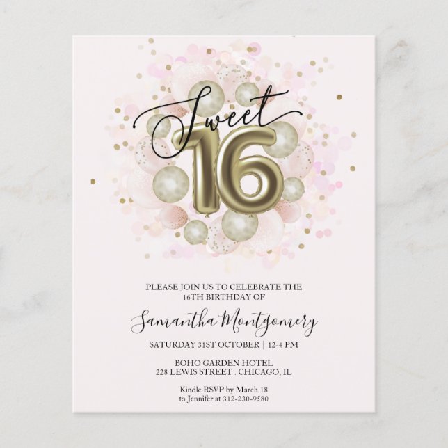 Papier Gold Foil Sweet 16 Ballons Anniversaires Invitatio (Devant)