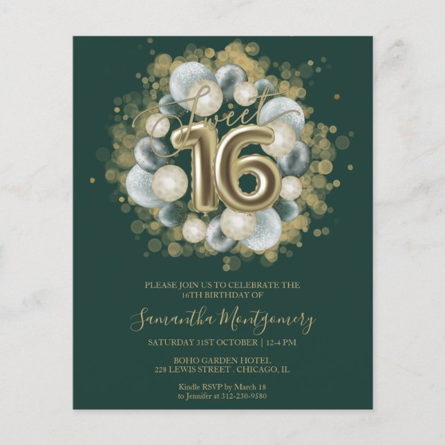 Papier Gold Foil Sweet 16 Ballons Anniversaires Invitatio (Devant)