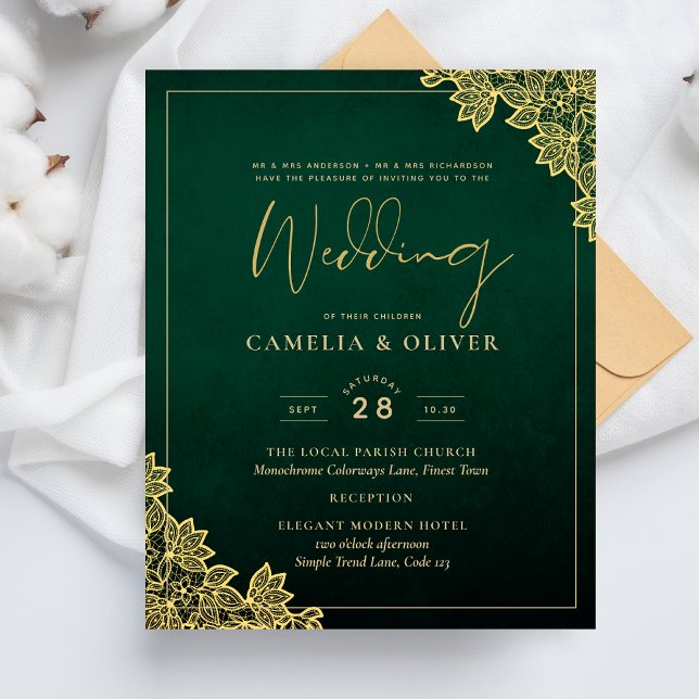 Papier Gold Lace Emerald Green All-in-1 Wedding Invitatio (Créateur téléchargé)