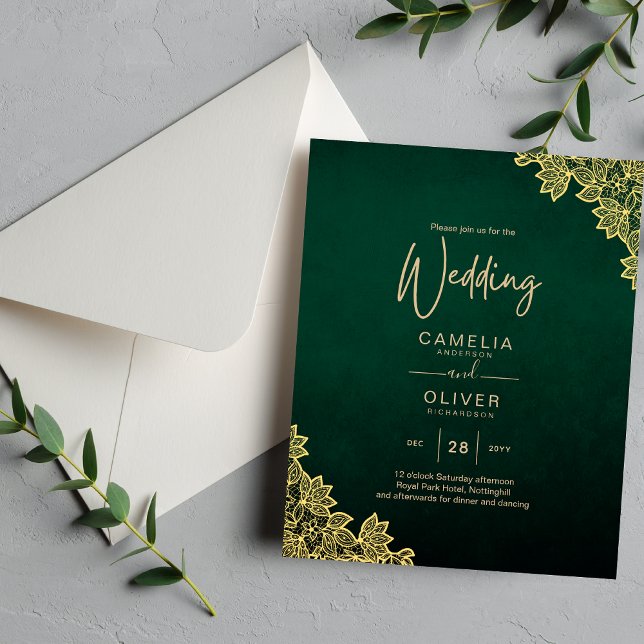 Papier Gold Lace Emerald Green All-in-1 Wedding Invitatio (Créateur téléchargé)