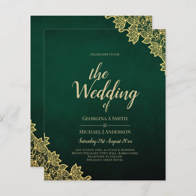 Papier Gold Lace Emerald Green All-in-1 Wedding Invitatio (Devant / Derrière)