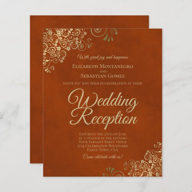 Papier Gold Lace Orange Mariage Réception BUDGET Invitati (Devant / Derrière)