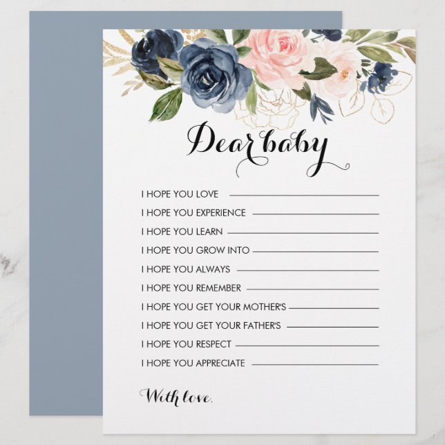 Papier Gold Navy Blue Rose Floral Voeux pour bébé (Devant / Derrière)