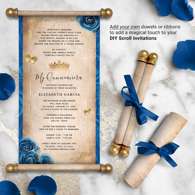 Papier Gold Royal Blue Quinceanera do-it-yourself Scroll  (DIY scrolls do not come with dowels. Add your own or roll up with a ribbon for an elegant touch!)