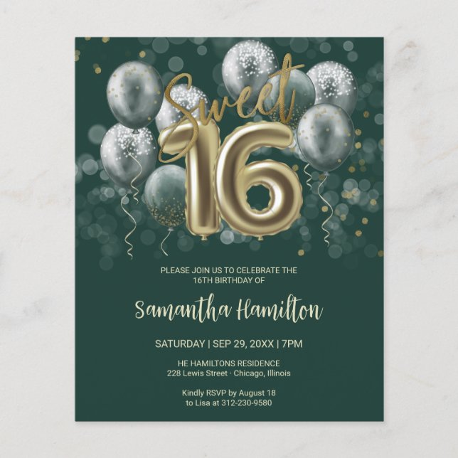 Papier Gold Sweet 16 Ballons Anniversaires Black Green In (Devant)