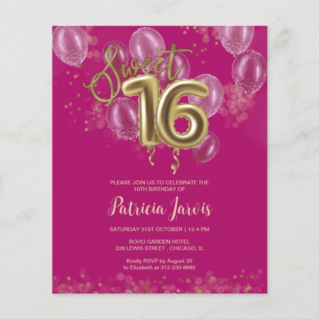 Papier Gold Sweet 16 Ballons Anniversaires Invitations Bu (Devant)
