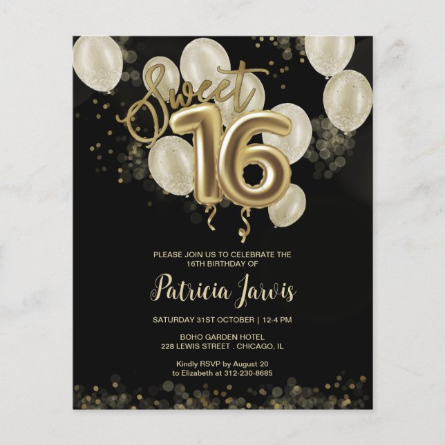 Papier Gold Sweet 16 Ballons Anniversaires Invitations Bu (Devant)