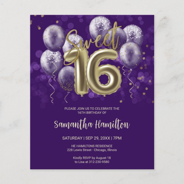 Papier Gold Sweet 16 Ballons Purple Budge Invitation (Devant)