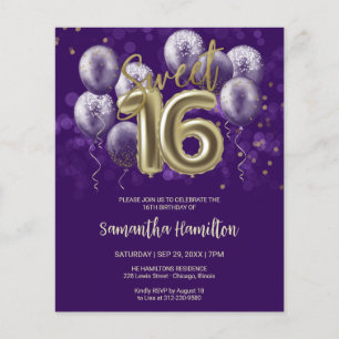 Papier Gold Sweet 16 Ballons Purple Budge Invitation