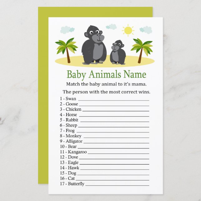 Papier Gorilla Baby Animaux Nom Jeu (Devant / Derrière)