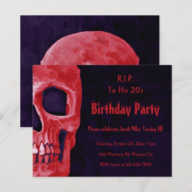 Papier Gothique crâne rouge Anniversaire RIP à son budget (Devant / Derrière)