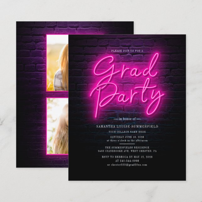 Papier Grad Photo Neon Graduation Party Invitation (Devant / Derrière)