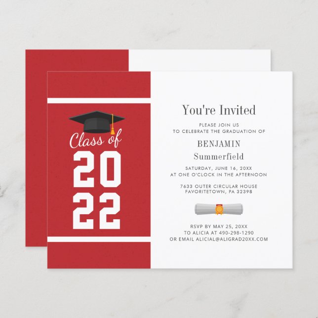 Papier Graduation 2025 Minimaliste Red White Invitation (Devant / Derrière)