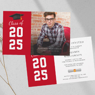 Papier Graduation 2025 Photo Red White Party Invitation