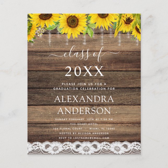 Papier Graduation Budget Sunflower Rustic 2023 Invitation (Devant)