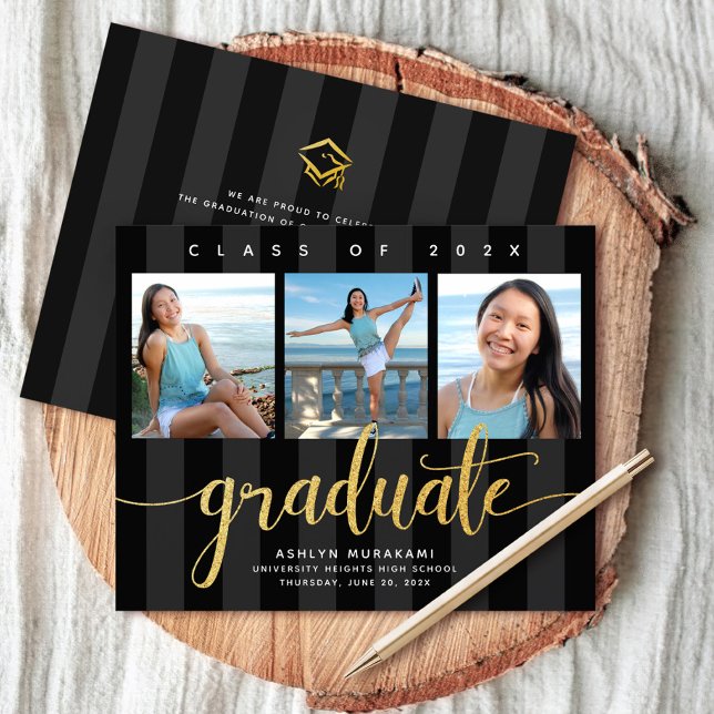 Papier Graduation budgétaire or noir 3 invitation photo (Créateur téléchargé)