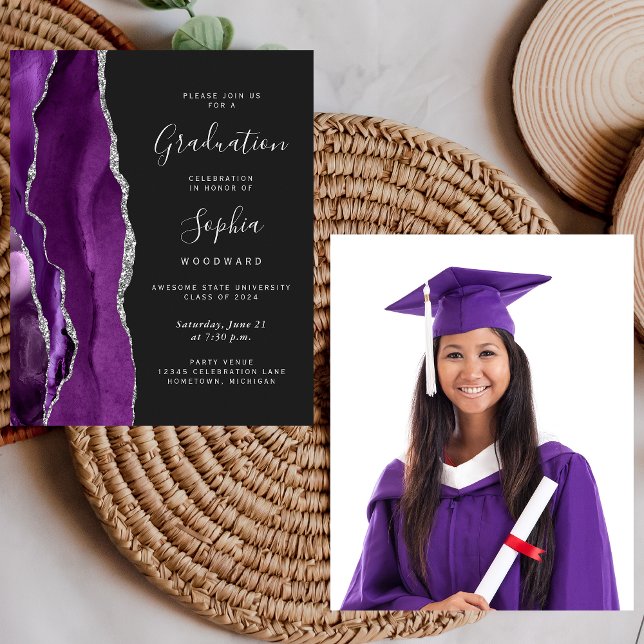 Papier Graduation budgétaire Photo Purple Argent Invitati (Créateur téléchargé)