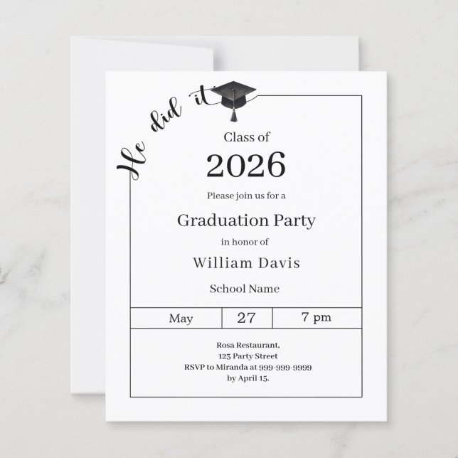 Papier Graduation party black white He did it invitation (Devant)