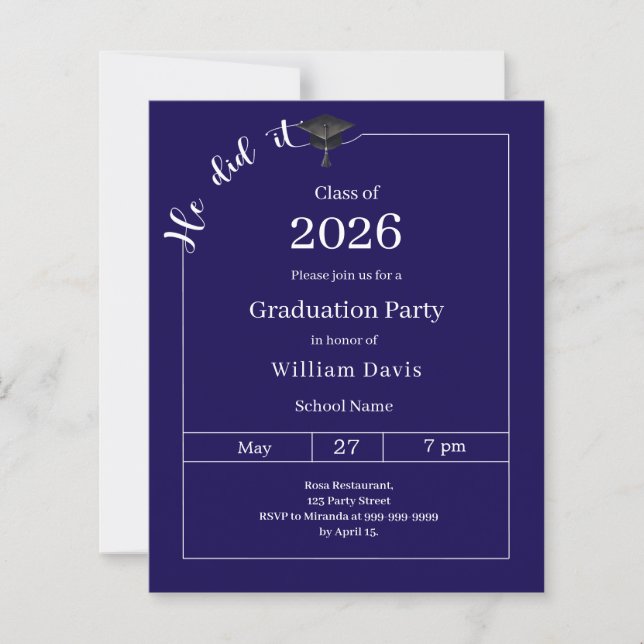 Papier Graduation party blue white He did it invitation (Devant)