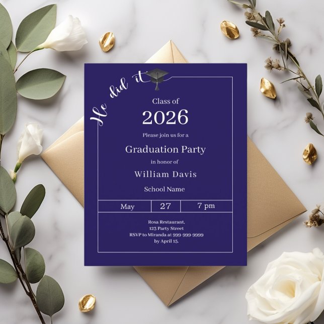 Papier Graduation party blue white He did it invitation (Créateur téléchargé)