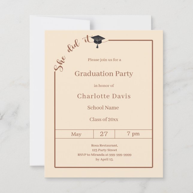 Papier Graduation party Campagne She did it invitation (Devant)