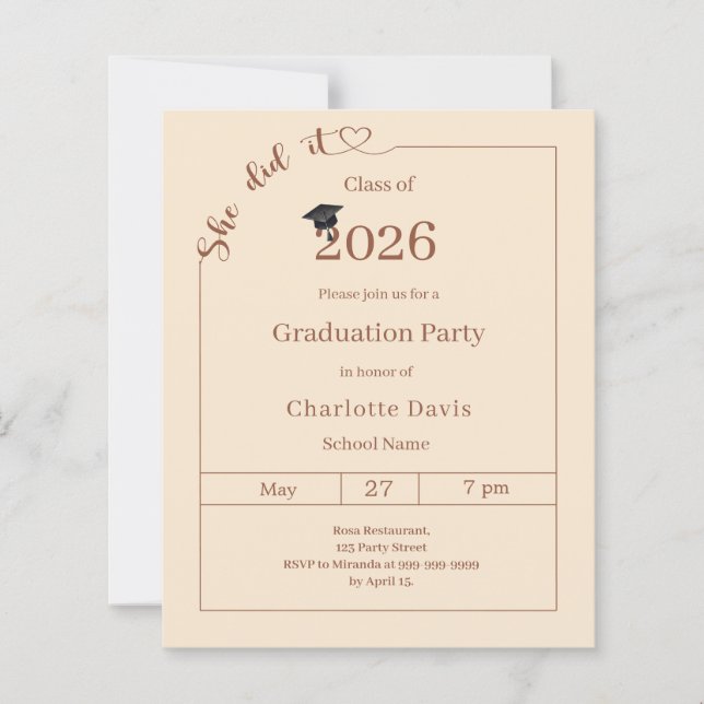 Papier Graduation party champagne She did it invitation (Devant)