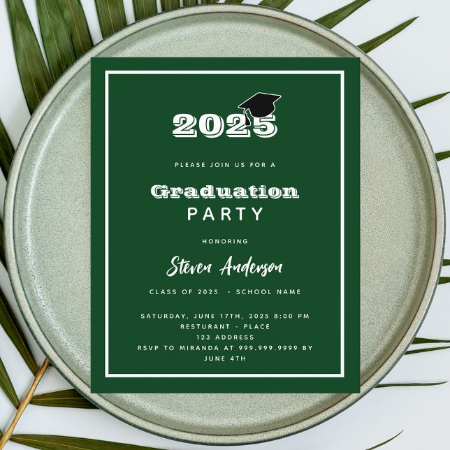 Papier Graduation Party green white 2025 invitation (Créateur téléchargé)