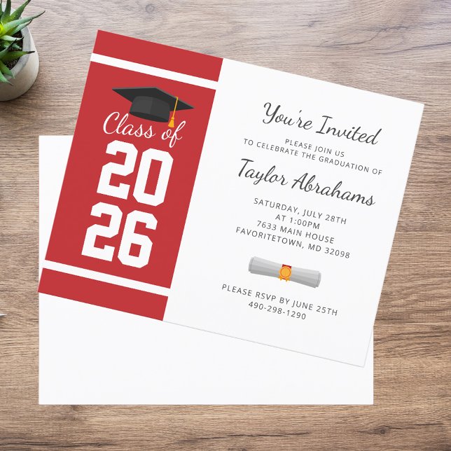 Papier Graduation Party Red White Grad Party Invitation (Graduation 2025 White Red Bold Party Invitation)