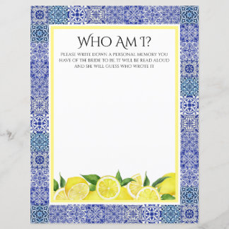 Papier Grecian Blue et citron "Who Am I" jeu de douche