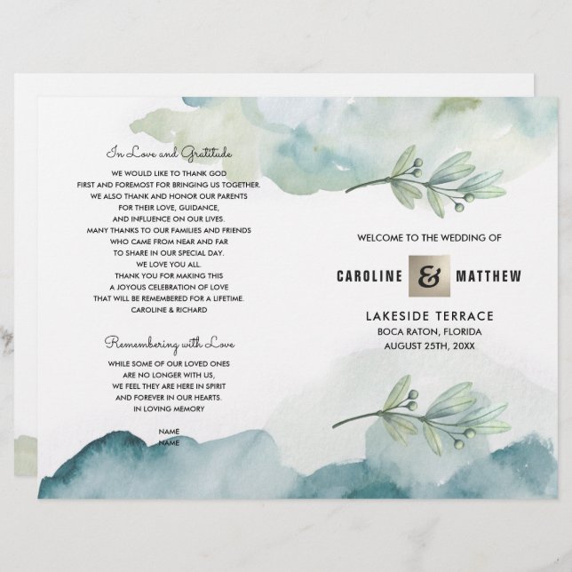 Papier Green Blue Berry Branch Watercolor Wedding Program (Devant / Derrière)