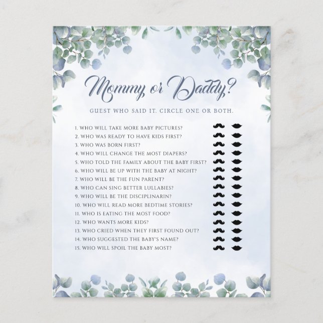 Papier Green Blue maman ou papa Baby shower jeu (Devant)