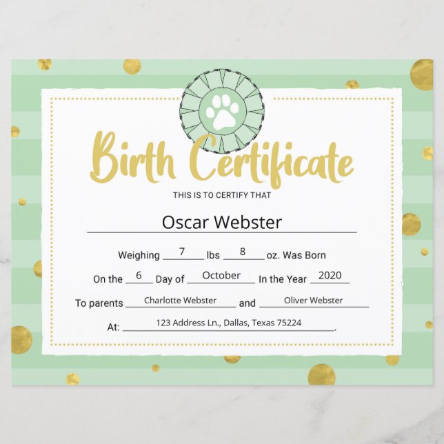 Papier Green Chien Paw Clip Art Chiot Certificat de naiss (Devant)