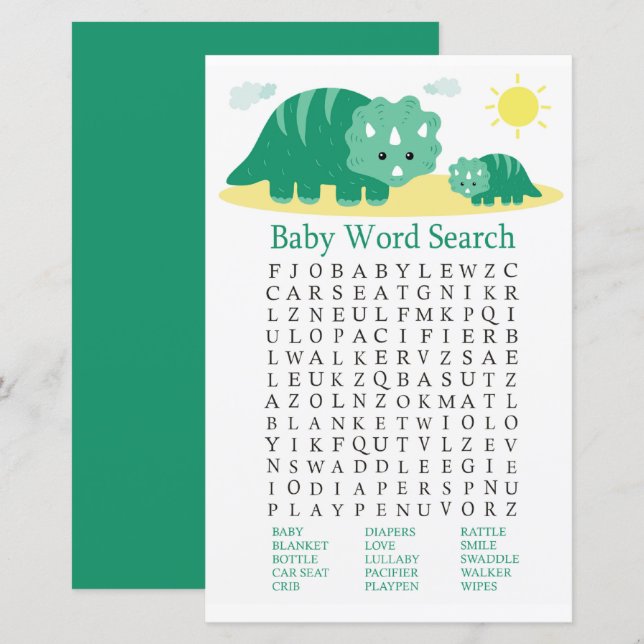 Papier Green Dino Baby shower Word Search Jeu (Devant / Derrière)