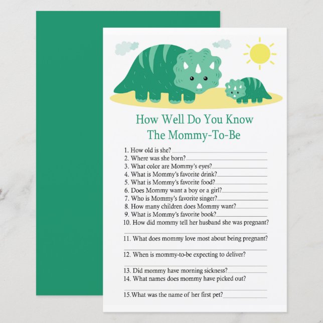 Papier Green Dino Connaissez-vous bien le jeu baby shower (Devant / Derrière)
