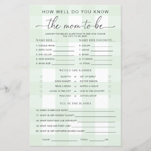 Papier Green En vichy Baby shower Connaissez le jeu Maman