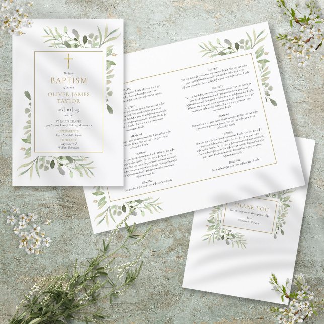 Papier Green Gold Cross Baptism Christening Program (Greenery Gold Cross Baptism Christening Program)